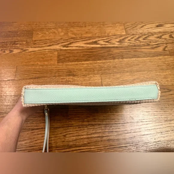Nanette Lepore Woven Straw Wristlet Pouch - Mint Green Trim Summer Clutch - Picture 9 of 11